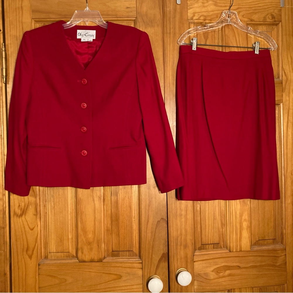 NWOT Oleg Cassini Vintage 90s Skirt Suit 100% Wool Career Dress Red Size 14P